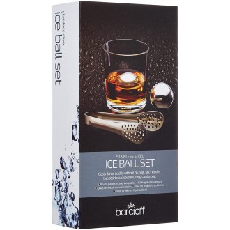 BarCraft Ice Ball Set, Stainless Steel, Pack of 2 Reusable Ice Cubes with Tongs and Storage Bag