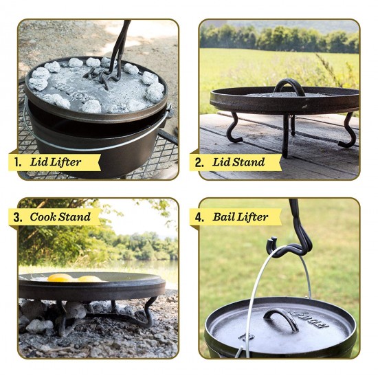 Camp Cast Iron Dutch Oven Lid Lifter and Folding Finish Camp Dutch Oven Lid  Stand can be used as Trivet, Lifter and Skillet Holder