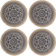 Creative Tops Set of 4 Jute Placemats with Mandala Design, Natural Printed Hessian Round Table Mats, Blue