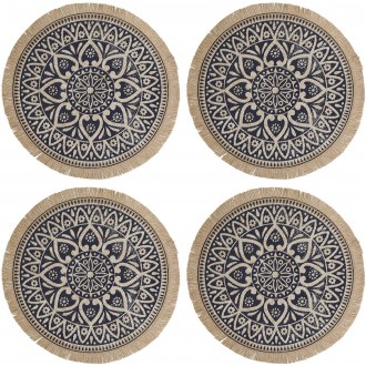 Creative Tops Set of 4 Jute Placemats with Mandala Design, Natural Printed Hessian Round Table Mats, Blue