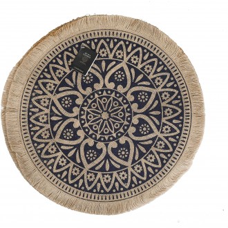 Creative Tops Set of 4 Jute Placemats with Mandala Design, Natural Printed Hessian Round Table Mats, Blue