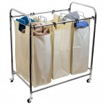 Home Basics Triple Rolling Canvas Laundry Sorter Hamper on Wheels, Natural