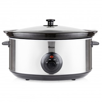 Swan 6.5 Litre Oval Stainless Steel Slow Cooker with 3 Cooking Settings, 320W - Silver