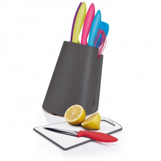 Colourworks 3-in-1 Space Saving Wooden Knife Block + Plastic Chopping Board + Utensil Holder Set