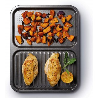 Master Class Non-Stick 2-in-1 Divided Crisping Tray / Ridged Baking Tray, 39 x 31 x 1.5 cm, Grey