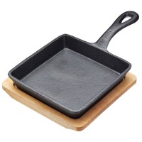 Artesa Small Frying Pan, Cast Iron, Non Stick, with Wooden Serving Board,  Grill Pan Sizzle Skillet with Stand, for Fajitas, BBQ, Omelette, Tapas and