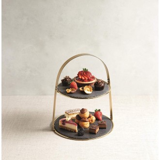 Artesà 2-Tiered Cake Stand with Round Slate Serving Platters, 29.5 x 29.5 x 35 cm (11.5" x 11.5" x 14") - Brass Finish