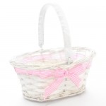 Rainbow Oval Planting Basket with Gingham Ribbon Bow and Wooden Handle White/Pink, 25cm