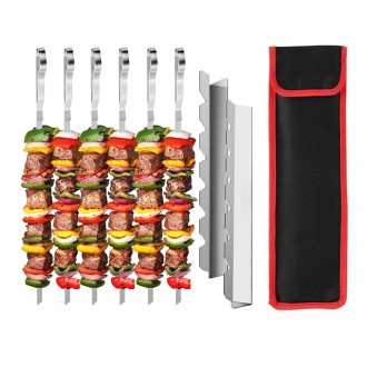 VZ Flat Metal Kebab Grilling 6 Piece Skewers, Set Including 2 Barbecue Racks and a Storage Bag, 16.5"