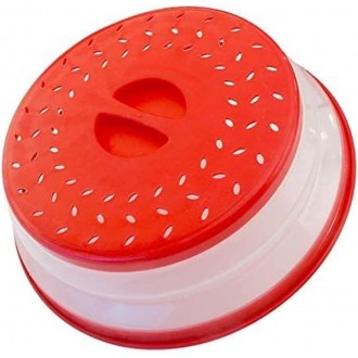 Modane Round Vented Collapsible Microwave Splatter Proof Food Plate Cover With Easy Grip Handle-Red