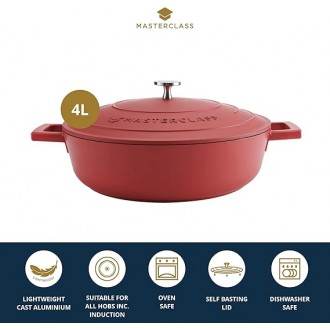 MasterClass 4L/28 cm Lightweight Cast Aluminium Induction and Oven Safe Shallow Casserole Dish with Lid, Red