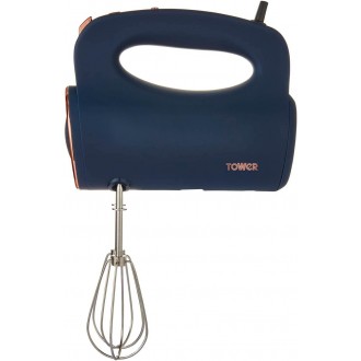 Tower Cavaletto Hand Mixer with Stainless Steel Beaters, Dough Hooks, 5 Speeds, 300W, Midnight Blue and Rose Gold