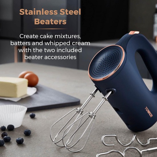 Tower Cavaletto Hand Mixer with Stainless Steel Beaters, Dough Hooks, 5 Speeds, 300W, Midnight Blue and Rose Gold