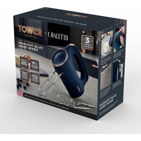 Tower Cavaletto Hand Mixer with Stainless Steel Beaters, Dough Hooks, 5 Speeds, 300W, Midnight Blue and Rose Gold