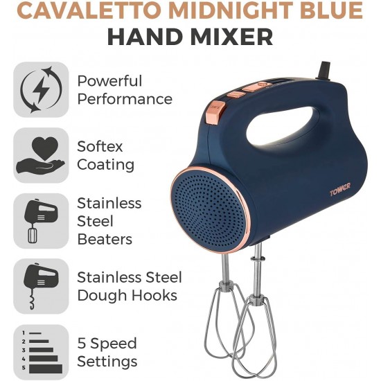 Tower Cavaletto Hand Mixer with Stainless Steel Beaters, Dough Hooks, 5 Speeds, 300W, Midnight Blue and Rose Gold