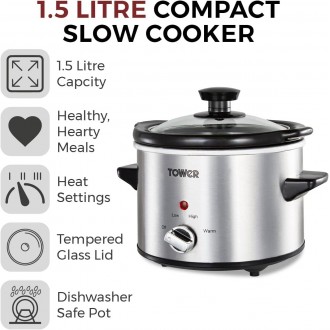 Tower Infinity Compact Slow Cooker with Keep Warm Function, 1.5L, 120W, Stainless Steel