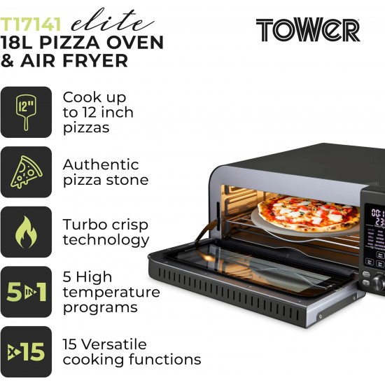 Tower Elite Pizza Oven with 5 High Temperature Programs, 15 Cooking Functions, Turbo Crisper, 400C,18L, 2000W, Grey & Chrome