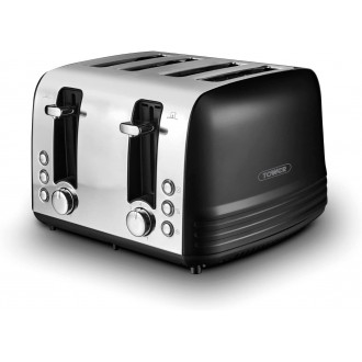 Tower Ash 4-Slice Toaster with Dual Controls, Defrost/Reheat/Cancel, 1850W, Black & Chrome