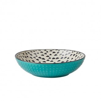 Dunelm Global Stoneware Ramen Bowl, Teal/Cream, 21 cm