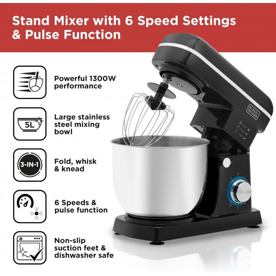 Black + Decker Stand Mixer Black with Chrome Accents, 1300W