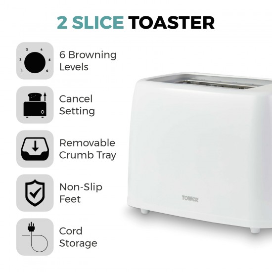 Tower  2 Slice Plastic Toaster White, 650W