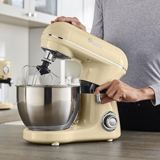 Swan  Retro Stand Mixer with 4L Stainless Steel Bowl, 8 Speed Settings, Pulse Function, 800W, Cream