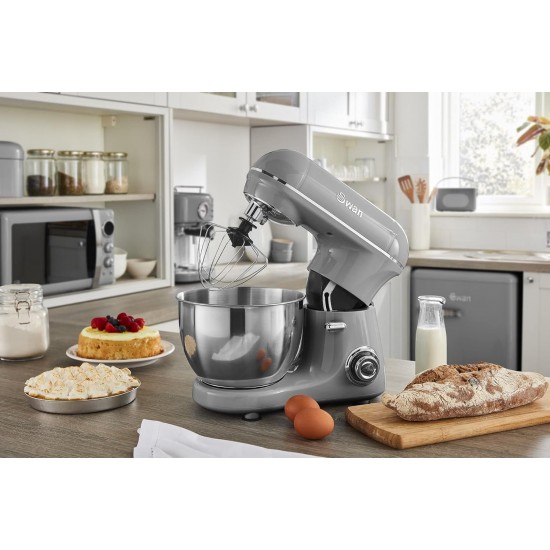 Swan  Retro Stand Mixer with 4L Stainless Steel Bowl, 8 Speed Settings, Pulse Function, 800W, Grey