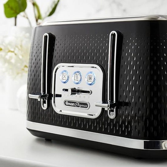 Swan Elegance 4 Slice Toaster with 7 Browning Levels, Defrost and Reheat functions, Anti-Jam and Cord Storage, 2100W, Black