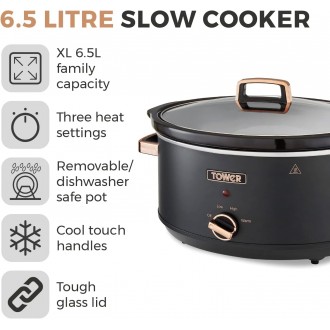 Tower Cavaletto 6.5 Litre Slow Cooker with 3 Heat Settings, Removable Cookpot and Cool Touch Handles, Black and Rose Gold