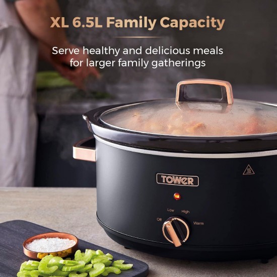 Tower Cavaletto 6.5 Litre Slow Cooker with 3 Heat Settings, Removable Cookpot and Cool Touch Handles, Black and Rose Gold