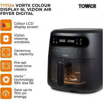 Tower, Vortx Vizion 6L Air Fryer with Colour Digital Display, Digital Control Panel & 7 One-Touch Pre-Sets, 1750W, Black