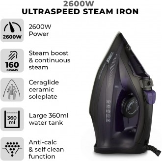 Tower CeraGlide Ultra Speed Iron with Ceramic Soleplate Variable Steam Function, 2600W, Purple