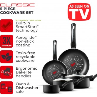 Tower SmartStart Classic 5 Piece Cookware Set with Easy Clean Aeroglide Non-Stick Coating, Black