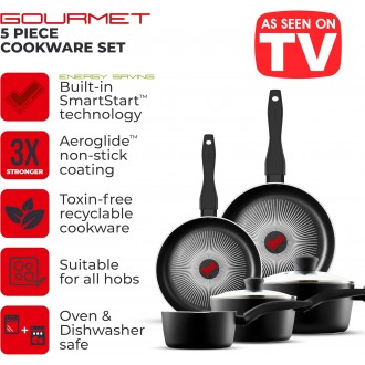 Tower SmartStart Gourmet 5 Piece Cookware Set with Easy Clean Aeroglide Non-Stick Coating, Black