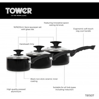 Tower Essentials Induction Pot Set, Non Stick Ceramic Coating, Black, 3 Piece, 16/18/20 cm