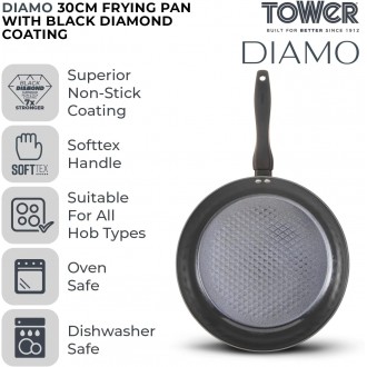 Tower Diamo Frying Pan with Black Diamond Ceramic Non-Stick Coating & Softtex Handle, Aluminium, 30cm, Black