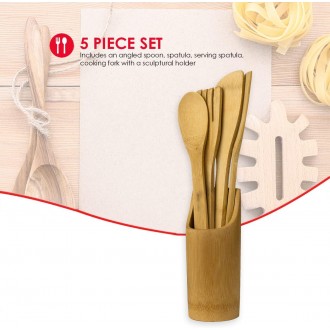 Home Basics 5 Piece Bamboo Utensil Set with Sculptural Holder, Natural