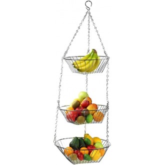 Home Basics 3 Tier Wire Hanging Round Fruit Basket, Chrome Finish