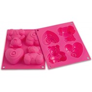 SilikoMart Happy Sweetie Small Teddy Bear and Heart Shape Silicone Mould - Fuchsia