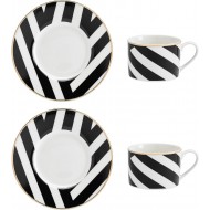 Mikasa Luxe Deco Fine China Tea Cups and Saucers with Geometric Stripe, Set of 2, 200ml-Gift Boxed