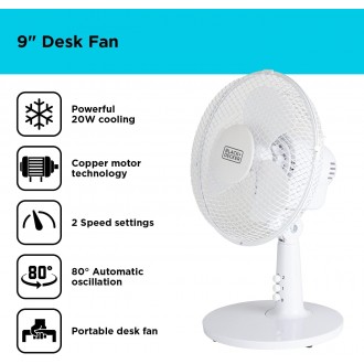 Black and Decker 9 Inch Desk Fan with 2 Speeds, Rotary Oscillation, 20W, White