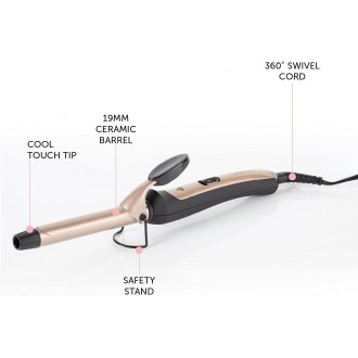 Carmen Noir Curling Tong with Ceramic Barrel, 19mm, Black and Rose Gold