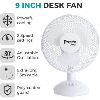 Presto by Tower 9 Inch Desk Fan with 2 Speeds, Rotary Oscillation, 20W, White