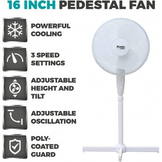 Presto by Tower Pedestal Fan with 3 Speeds, Adjustable Height, Oscillation, 16”, 40W, White