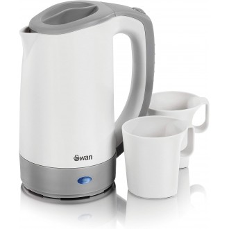 Swan Dual Voltage Travel Kettle with Two Tea Cups, 0.5 Litre Capacity, 125-600 W, Lightweight, White/Grey