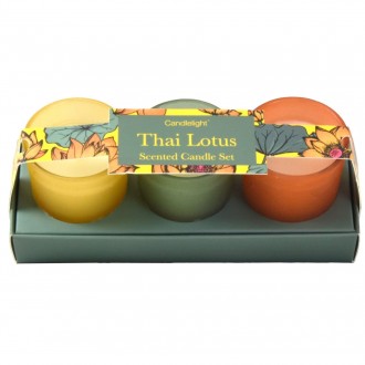 Candlelight Thai Lotus Set of 3 Mini Votives Candles in Gift Box Thai Flower Market Scent