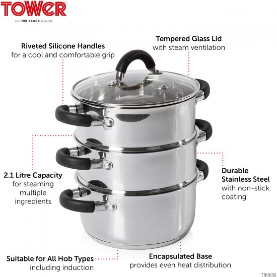 Shop quality Tower Essentials Induction Steamer Pans 3 Tier with Glass Lid, Silicone Handles, Stainless Steel, Steamer Cooking, Polished Mirror Finish, 18 cm , Silver in Kenya from vituzote.com Shop in-store or online and get countrywide delivery!