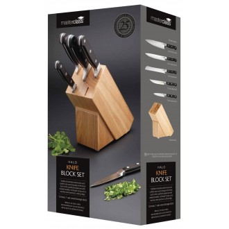 Master Class Halo 5-Piece Premium Carbon Stainless Steel Knife Set and Knife Block - Oak Wood Block