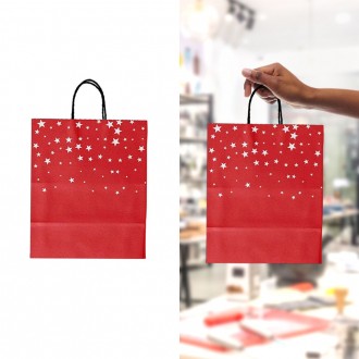 VZ Red Paper Gift Bags with White Star Patterns - 31cm H x 12cm L  x 26cm W - Medium