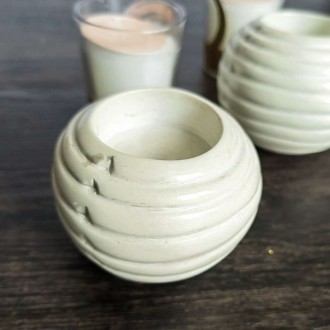 Undugu Groved Lines Round  Soapstone Handcrafted Tealight Holder, Natural White